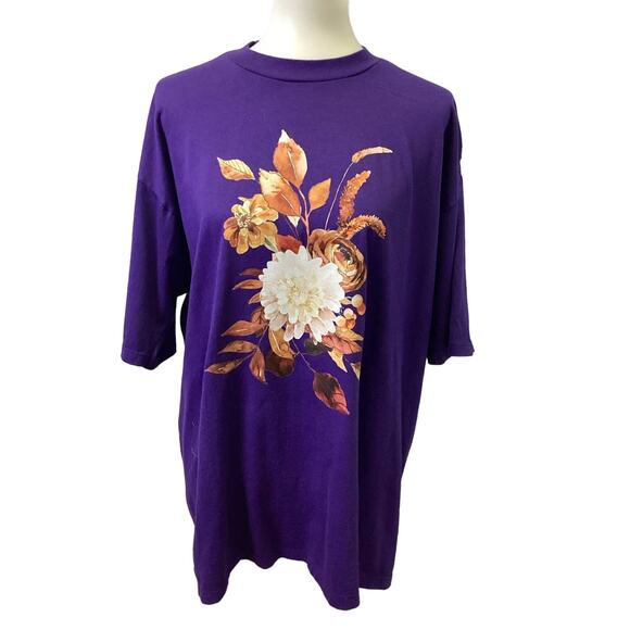 Hand Printed Upcycled XL Fall Leaves Floral Harvest Bouquet Short Sleeve Tee - Picture 1 of 7